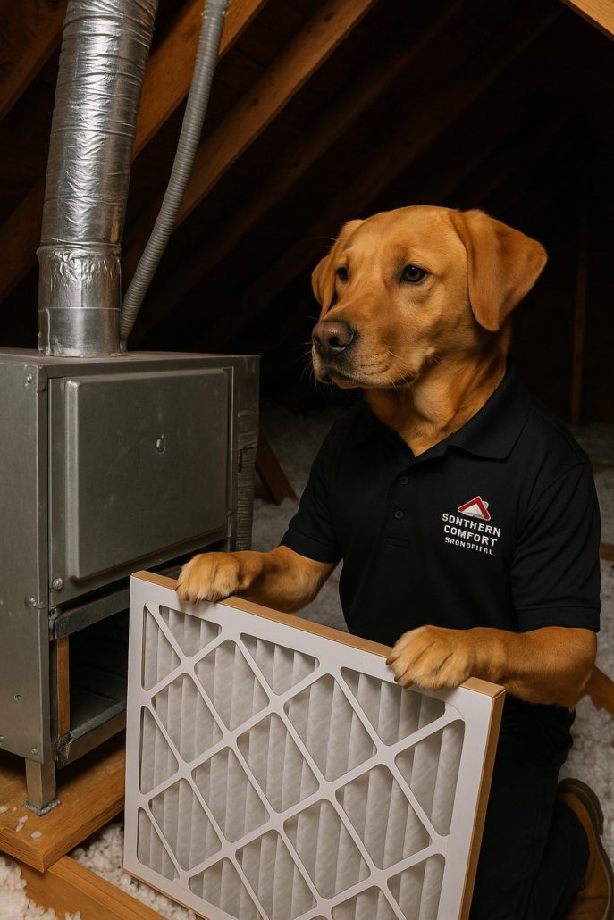 Southern Comfort Mechanical's dog mascot demonstrating HVAC air filter replacement beside an attic air handler.