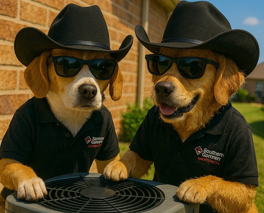Two costume dogs dressed as HVAC technicians in cowboy hats and sunglasses standing beside an outdoor air conditioning unit.